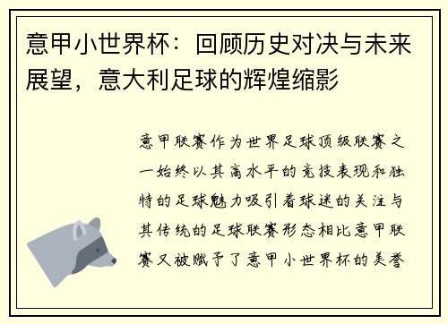 意甲小世界杯：回顾历史对决与未来展望，意大利足球的辉煌缩影