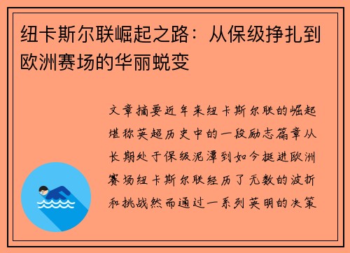 纽卡斯尔联崛起之路：从保级挣扎到欧洲赛场的华丽蜕变