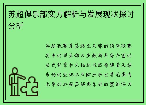 苏超俱乐部实力解析与发展现状探讨分析