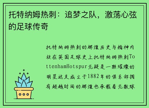 托特纳姆热刺：追梦之队，激荡心弦的足球传奇